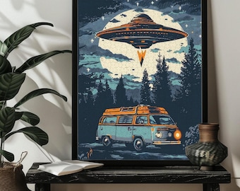 UFO Camper Van Jigsaw Puzzle 200/300/500/1000 Fliegende Untertasse UFO Wald Puzzles, Kosmos Kunst Geschenk, Alien UFO Raumdekor, Geburtstagsgeschenk für Ihn