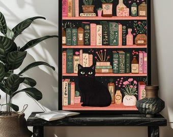 Gemütliches Katzen-Bücherregal Puzzle 200/300/500/1000 Holz Schwarze Katze Puzzles, Katzenliebhaber Geschenk, Katzen Bücherregal Rosa Wand Kunst Dekor Buch lesen Liebhaber