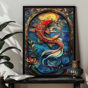 May include: A colorful, detailed illustration of a red and gold koi fish swimming in a blue and green water scene. The fish is surrounded by intricate floral designs and a full moon.