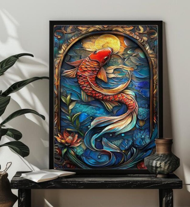 May include: A colorful, detailed illustration of a red and gold koi fish swimming in a blue and green water scene. The fish is surrounded by intricate floral designs and a full moon.