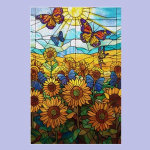 May include: A stained glass style image of a field of sunflowers with butterflies flying around them. The sunflowers are yellow with brown centers and the butterflies are blue, orange, and yellow.