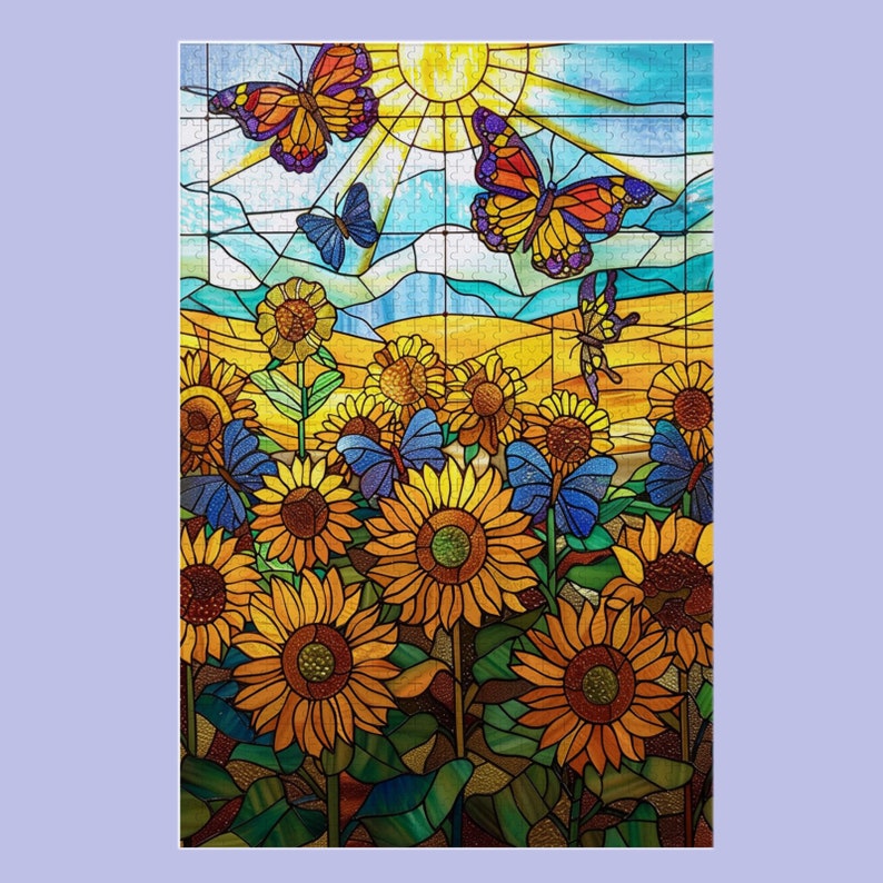 May include: A stained glass style image of a field of sunflowers with butterflies flying around them. The sunflowers are yellow with brown centers and the butterflies are blue, orange, and yellow.