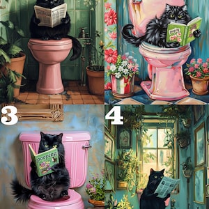 May include: A collage of four images featuring black cats sitting on pink toilets in various bathroom settings. Each cat is reading a book, with titles like "pooping" and "Today's News".