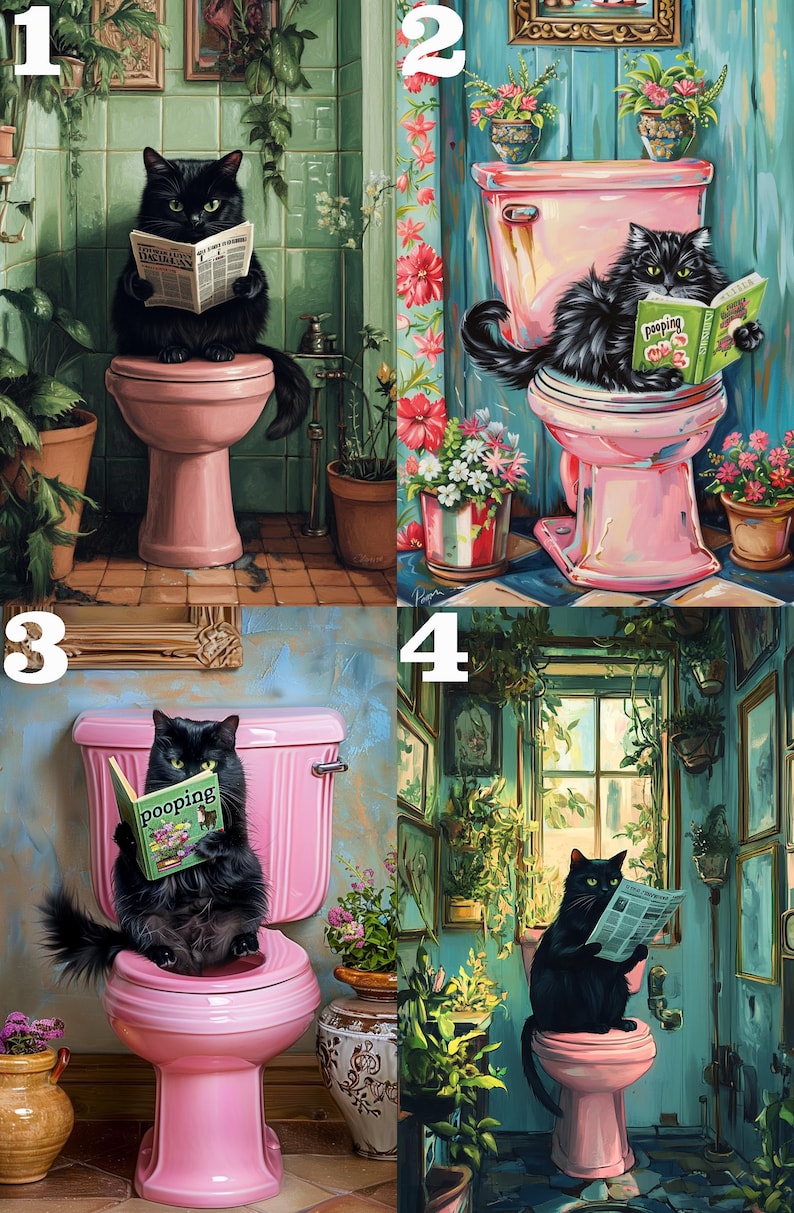 May include: A collage of four images featuring black cats sitting on pink toilets in various bathroom settings. Each cat is reading a book, with titles like "pooping" and "Today's News".