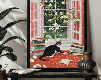 May include: A black and white cat sits on a red floor with a stack of books on either side. A window with white flowers is behind the cat. The floor is covered in white flower petals.