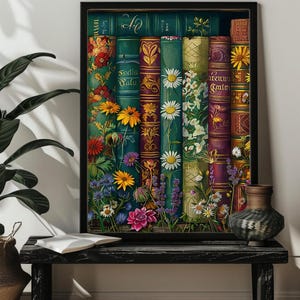 May include: A vintage-style illustration of a stack of books with floral designs on the spines. The books are surrounded by colourful wildflowers, including daisies, lavender, and other blooms.