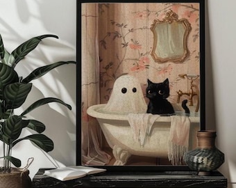 Ghost and Cat in Bathtub Jigsaw Puzzle Gift,300/500/1000 Piece Spooky Halloween Art Puzzles Halloween Gift Family Whimsigoth Bathroom Decor