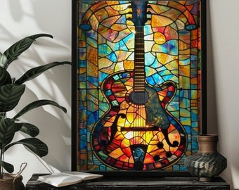 Stained Glass Guitar Jigsaw Puzzle，300,500,1000 Piece Wood Guitar Photo Puzzles Art for Birthday/Family,Gift for Him/Her，Guitar Wall Decor