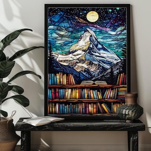 May include: A stained glass style illustration of a mountain range with a full moon and stars in the sky. The mountain range is depicted as a bookshelf with colorful books.