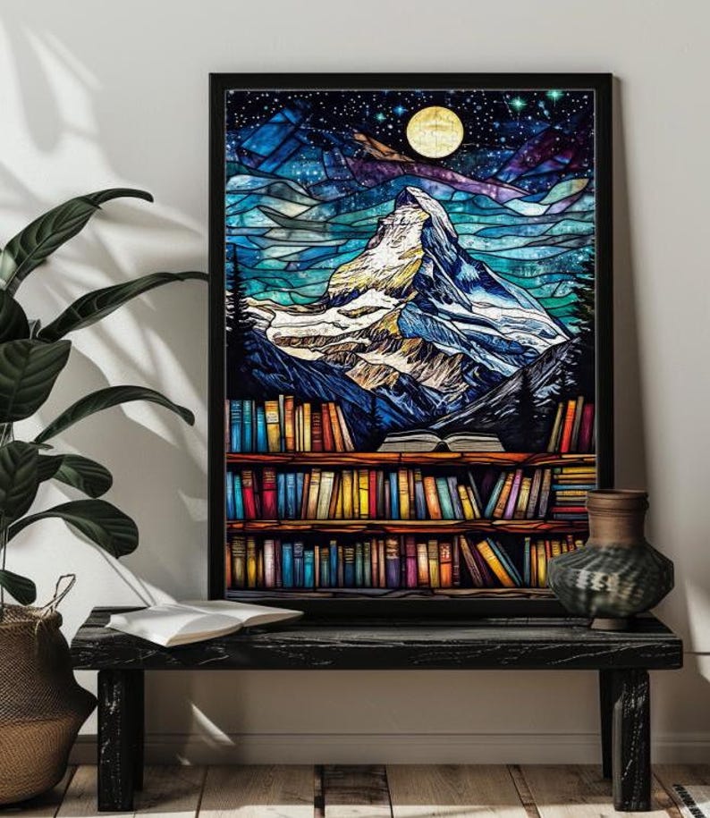 May include: A stained glass style illustration of a mountain range with a full moon and stars in the sky. The mountain range is depicted as a bookshelf with colorful books.