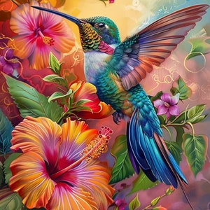May include: A vibrant hummingbird with iridescent green and blue feathers hovers near a bright orange hibiscus flower with pink accents. The background features a soft, blurred orange and purple gradient with delicate floral details.