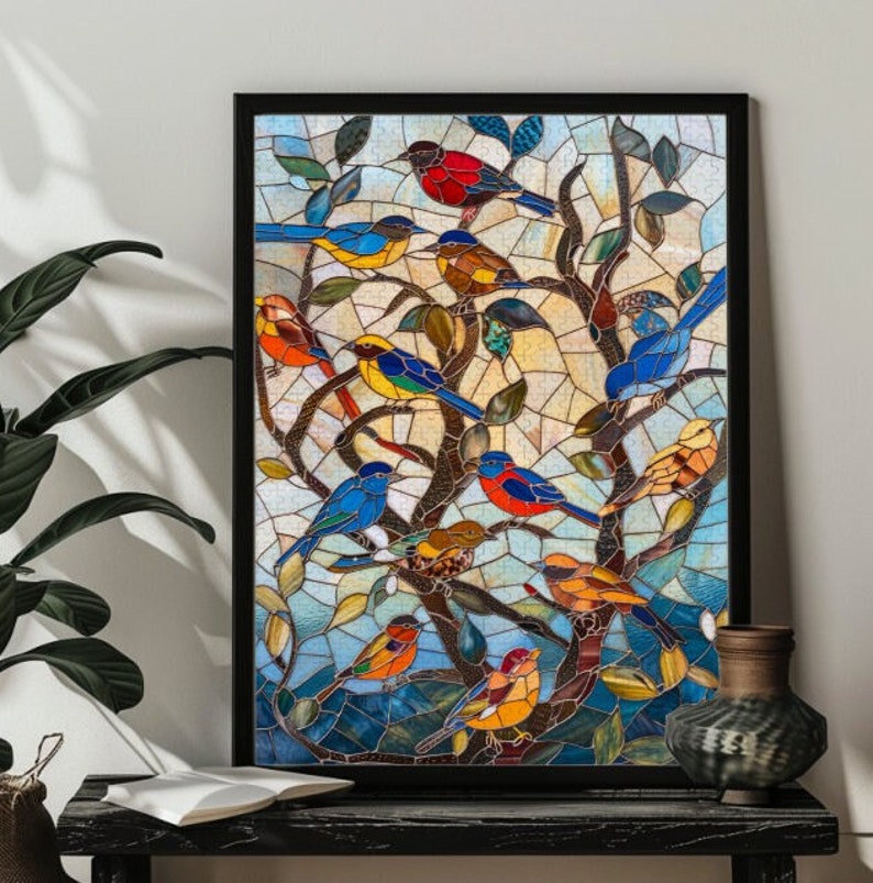 May include: A stained glass window design featuring a tree with many colorful birds. The birds are in shades of blue, red, yellow, and green. The tree is made of small pieces of glass in a mosaic pattern.