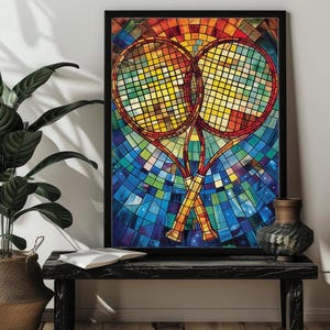May include: A framed mosaic artwork depicting two tennis rackets crossed over each other. The rackets are made of colorful glass tiles and are set against a blue and green mosaic background.
