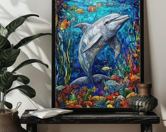 Rompecabezas de delfines con vitrales, arte de rompecabezas de delfines, rompecabezas de madera de animales marinos de 300/500/1000 piezas, regalo para adultos y niños, regalos para amantes de los delfines.