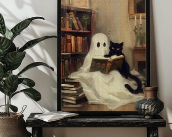 Ghost in Library Jigsaw Puzzle Gift,300/500/1000 Piece Spooky Art Puzzles Ghost and Cat Reading Gift Spooky Book Decor Bookish Gift
