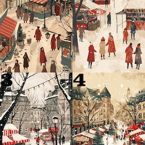 Puede incluir: Una ilustraci&oacute;n digital que representa cuatro escenas de un mercado navide&ntilde;o de invierno en una ciudad europea. Las escenas se dividen en cuatro cuadrados, cada uno con un n&uacute;mero en la esquina superior. Las escenas muestran edificios cubiertos de nieve, &aacute;rboles y personas comprando en los puestos del mercado. Los puestos est&aacute;n decorados con toldos a rayas rojas y blancas y venden diversos productos, como comida, artesan&iacute;a y regalos. La ilustraci&oacute;n est&aacute; en un estilo caprichoso con colores brillantes y un ambiente festivo.