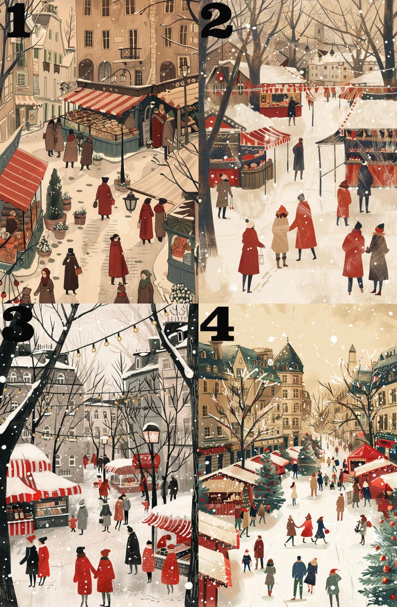 Puede incluir: Una ilustraci&oacute;n digital que representa cuatro escenas de un mercado navide&ntilde;o de invierno en una ciudad europea. Las escenas se dividen en cuatro cuadrados, cada uno con un n&uacute;mero en la esquina superior. Las escenas muestran edificios cubiertos de nieve, &aacute;rboles y personas comprando en los puestos del mercado. Los puestos est&aacute;n decorados con toldos a rayas rojas y blancas y venden diversos productos, como comida, artesan&iacute;a y regalos. La ilustraci&oacute;n est&aacute; en un estilo caprichoso con colores brillantes y un ambiente festivo.