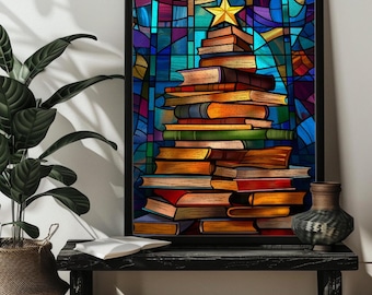 Stained Glass Christmas Book Tree Jigsaw Puzzle Art Gift 500/1000 Piece Xmas Christmas Tree Puzzles Bookish Gifts Book Lover Gift Book Club