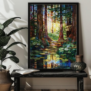 Stained Glass Forest Jigsaw Puzzle，300,500,1000 Piece Wood Waterfall Landscape Puzzles Art,Waterfall Wall Art Decor，Forest Nature Puzzle