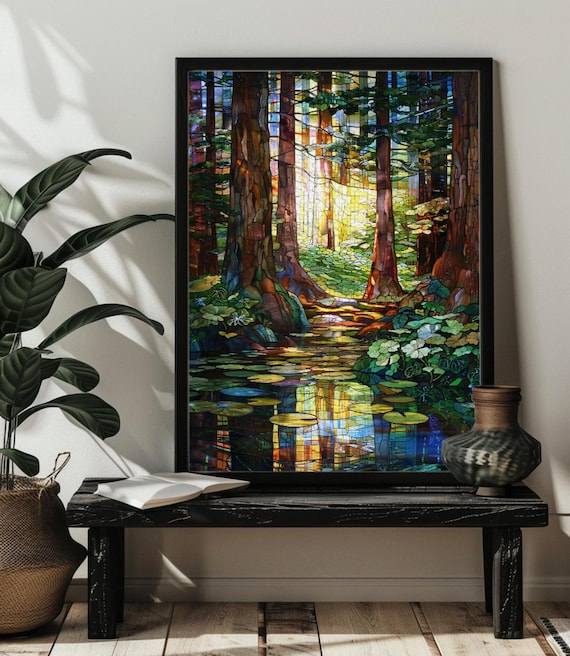 Stained Glass Forest Jigsaw Puzzle，300,500,1000 Piece Wood Waterfall Landscape Puzzles Art,Waterfall Wall Art Decor，Forest Nature Puzzle