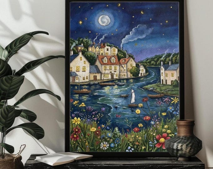 Nordic Waterways Village Jigsaw Puzzle 200/300/500/1000 Wood Whimsical River Town Fantasy Puzzles,William Morris Style Norwegian Folk Art