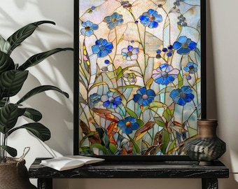 Stained Glass Forget Me Not Jigsaw Puzzle 300，500,1000 Piece Blue Floral Botanical Puzzles Spring Flower Lover Mother's Day Gift Nature Art