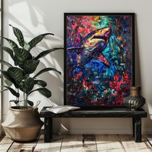 May include: A framed art print featuring a mosaic-style depiction of a shark swimming in a vibrant underwater scene. The artwork showcases a colorful array of blues, reds, and greens, with coral and fish. The shark is the focal point, rendered in a mosaic style.