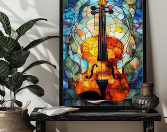 Stained Glass Violin Jigsaw Puzzle for Musician 500,1000 Pieces Instrument Violin Van Gogh Style Puzzle Art Adults，Birthday Gift for Her/Him