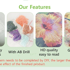May include: Close-up of a diamond painting kit with a soft canvas, AB drill beads, and a high-definition image of a hummingbird. The text "Our Features" is at the top of the image. The text "note: This item needs to be completed by DIY, the larger the size of the item, the better the effect of the finished product." is at the bottom of the image.