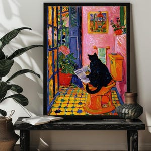 May include: A black cat sits on a toilet seat in a bathroom with a pink wall, reading a newspaper. The bathroom has a yellow tiled floor and a window with a view of a garden.
