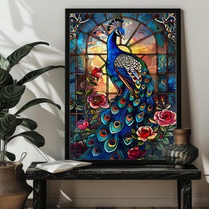 May include: A stained glass style illustration of a blue peacock with a spread tail feathers, standing in front of a window with roses. The peacock is surrounded by pink, red, and white roses.