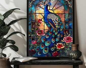 Stained Glass Blue Peacock Jigsaw Puzzle，300,500,1000 Piece Wood Peacock Photo Puzzles Art for Birthday/Family Gift Peacock Wall Decor