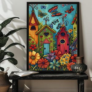 Pode incluir: Uma pintura colorida de três casas de pássaros com detalhes caprichosos, cercadas por flores vibrantes e borboletas. As casas de pássaros são pintadas em tons de amarelo, verde, azul e vermelho, e as flores estão em vários tons de vermelho, laranja, amarelo e roxo.