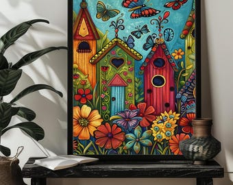 Vibrant Garden Jigsaw Puzzle 200/300/500/1000 Colorful Birdhouses Wildflower Butterflies Puzzles，Floral Garden Wall Art Wildflower Butterfly