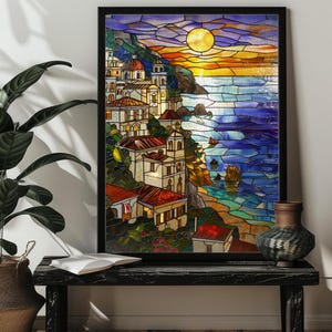 Stained Glass Coast House Jigsaw Puzzle 300/500/1000 Colorful Beach House Puzzles,Seascape Living Room Wall Art Mediterranean Travel Gift
