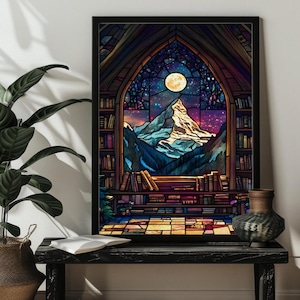 May include: A stained glass window depicting a mountain range with a full moon in the night sky. The window is framed by bookshelves filled with books. The scene is reminiscent of a library or study.