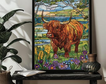 500,1000 Pieces Stained Glass Highland Cow Jigsaw Puzzle Adult,Highland Cow in the Bathtub Puzzles，Funny Bathroom Prints,Farmhouse Wall Art