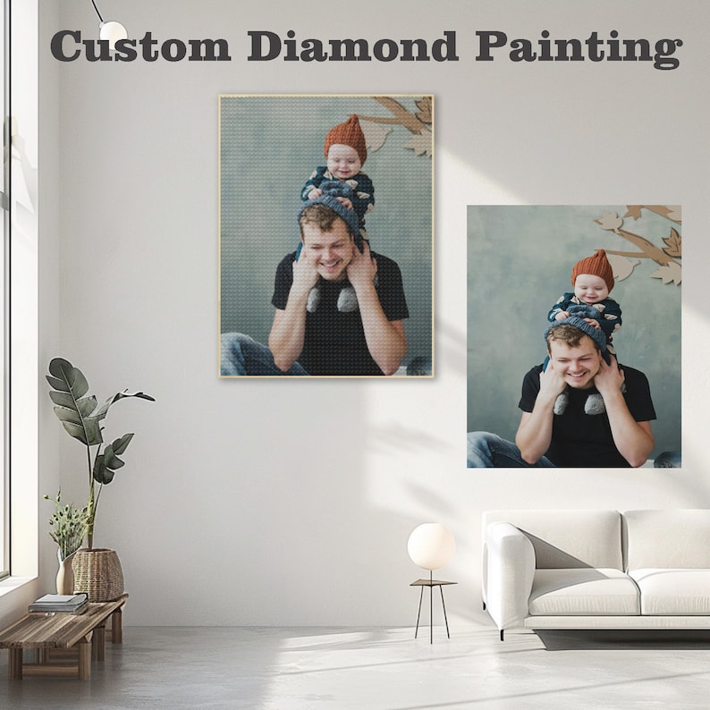 May include: Two diamond painting kits featuring a father and child. The father is holding the child on his shoulders. The child is wearing a brown hat. The background is a light blue color.