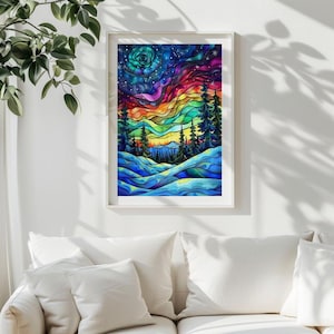 K&ouml;nnte beinhalten: Ein farbenfrohes abstraktes Gem&auml;lde einer Winterlandschaft mit einem Regenbogenhimmel, einem Wald mit B&auml;umen und schneebedeckten H&uuml;geln. Das Gem&auml;lde ist im Stil eines Buntglasfensters ausgef&uuml;hrt.