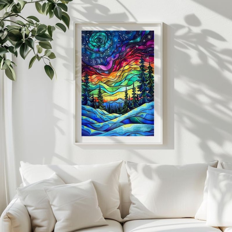 K&ouml;nnte beinhalten: Ein farbenfrohes abstraktes Gem&auml;lde einer Winterlandschaft mit einem Regenbogenhimmel, einem Wald mit B&auml;umen und schneebedeckten H&uuml;geln. Das Gem&auml;lde ist im Stil eines Buntglasfensters ausgef&uuml;hrt.