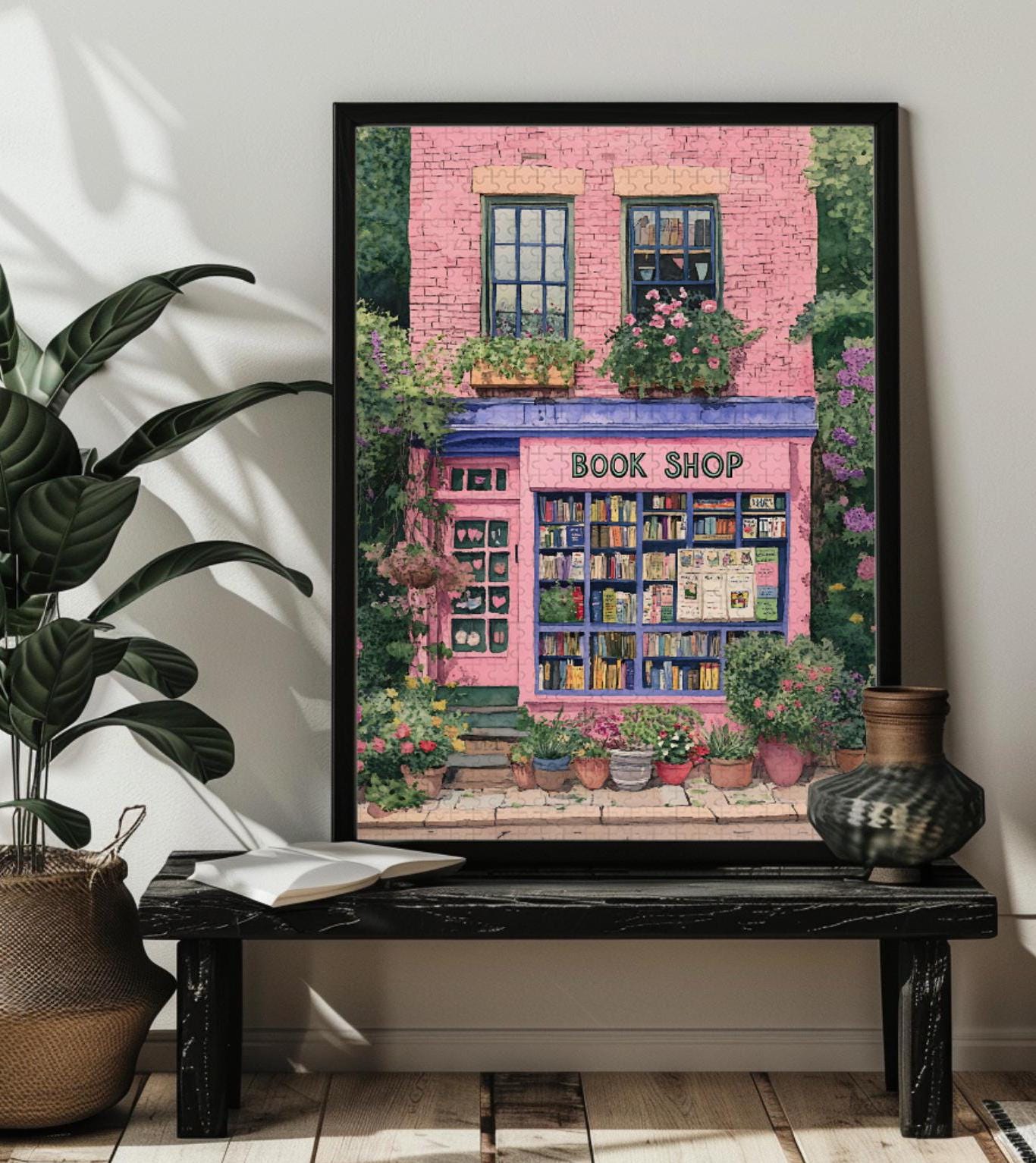 Pink Book Shop Jigsaw Puzzle,300/500/1000 Piece New York Reading Book Nook Puzzles,Bookstore Art,Book Lovers Gift, Book Worm Wall Art