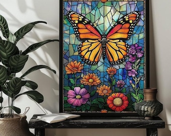 Glasmalerei Schmetterling Jigsaw Puzzle, Monarchfalter Blumen Puzzle Wandkunst, 300/500/1000 Teile Schmetterling Holz Puzzles Geschenk für Mama / Sie