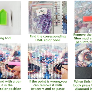 May include: A step-by-step guide on how to create a diamond painting. The image shows the tools needed, how to find the correct color code, how to apply the diamonds, and how to press the diamonds into place.