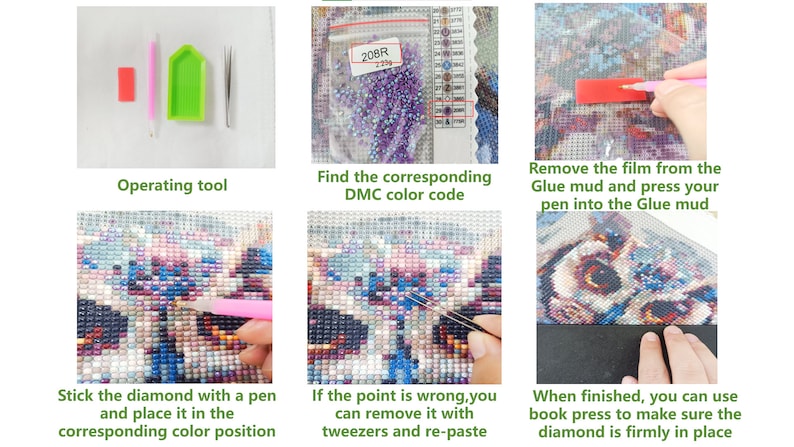 May include: A step-by-step guide on how to create a diamond painting. The image shows the tools needed, how to find the correct color code, how to apply the diamonds, and how to press the diamonds into place.