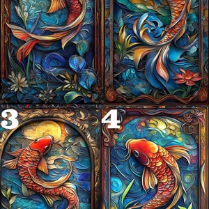 May include: Four framed illustrations of colorful koi fish swimming in a blue and green water setting. Each frame has a gold and brown ornate border.