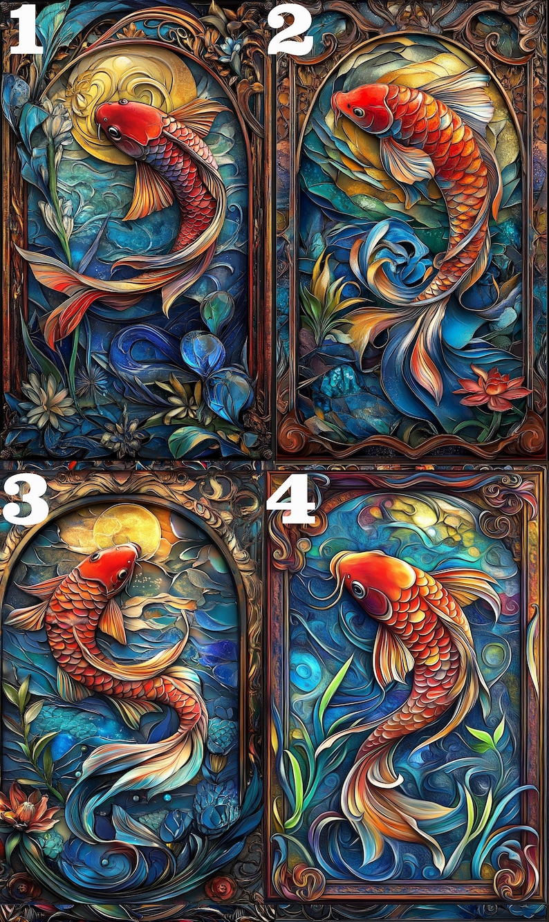 May include: Four framed illustrations of colorful koi fish swimming in a blue and green water setting. Each frame has a gold and brown ornate border.
