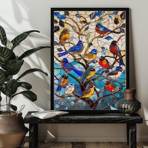 May include: A stained glass artwork featuring a colorful tree with many birds perched on its branches. The birds are in shades of blue, red, yellow, and green. The background is a light beige.