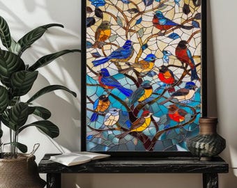 May include: A stained glass artwork featuring a colorful tree with many birds perched on its branches. The birds are in shades of blue, red, yellow, and green. The background is a light beige.