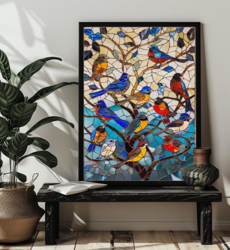 May include: A stained glass artwork featuring a colorful tree with many birds perched on its branches. The birds are in shades of blue, red, yellow, and green. The background is a light beige.