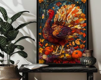 Stained Glass Thanksgiving Turkey Jigsaw Puzzle，200/300/500/1000 Fall Autumn Turkey Pumpkin Puzzles，Thanksgiving Wall Art Farmhouse Decor